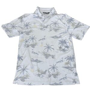 Travis Mathew Men's Polo Shirt XL Pineapple Gray/Blue Tropical Island Print